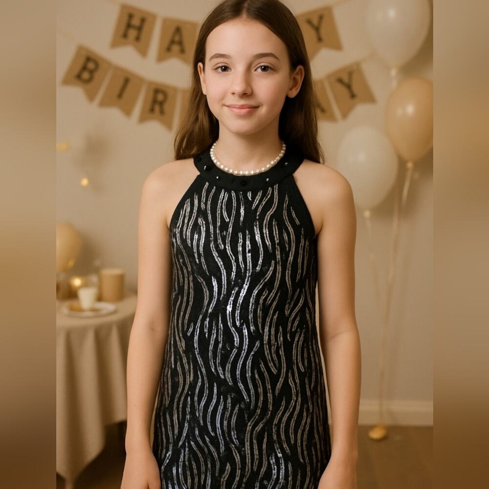 Nicole Miller Sequin Black & Silver Embelished Dress sz 14